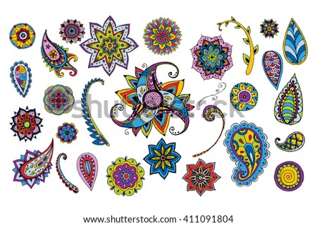 Floral doodle elements. Hand drawn painted flowers. India style mandala ornaments. Isolated on white.