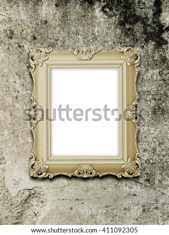Close-up of one brown metal blank Baroque picture frame on grey stained concrete wall background