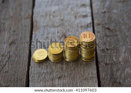 Graph from money coins on wooden table