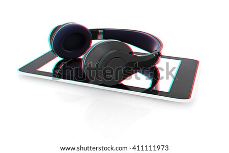 a creative cellphone with headphones isolated on white, portable audio concept . 3D illustration. Anaglyph. View with red/cyan glasses to see in 3D.