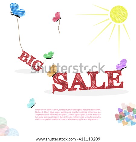 Vector Big sale concept in doodle style, with butterflies, hearts, sun and sample text. Big sale template in retro style on white background. 