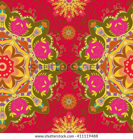 Vector abstract round ornament. Bright colors retro style design element. Can be used for fabrics, wallpapers, ornamental template for design and decoration.Ornamt beautiful pattern with mandala. 