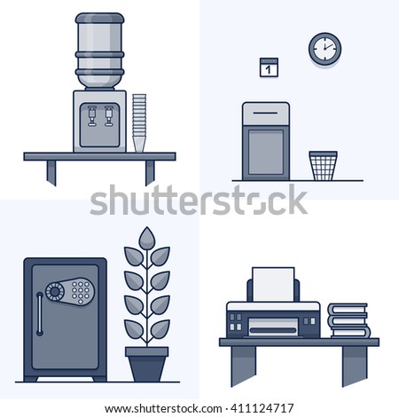 Office furniture interior flat icon. Monochrome vector illustrations