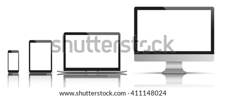 Set of realistic monitor, notebook, tablet and phone on the mirroring background. Eps 10 vector file. 