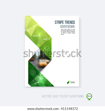 Brochure template layout, cover design, annual report, magazine, flyer or booklet in A4 with eco green folding triangular stripe ribbon on polygonal background. Business vector Illustration.