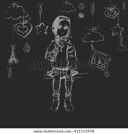 girl holding a cake in their hands, paris, hearts, clothespins, sticker, box, clouds, ink drawing in black and white, vector