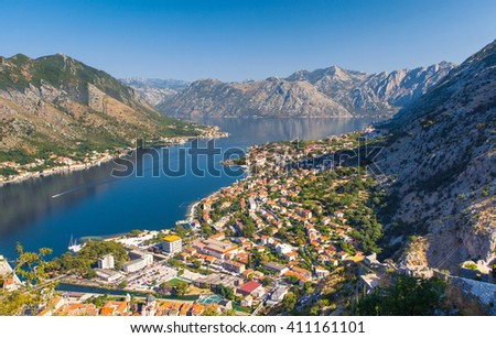 Fantastic view harbour and boats in sunny day at Kotor bay (Boka Kotorska). Picturesque and gorgeous scene. Location famous resort Montenegro, Balkans, Europe. Beauty world. Artistic picture.