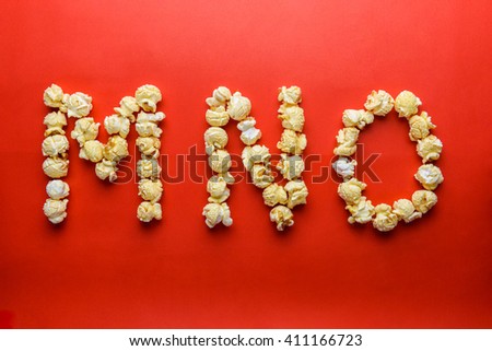 popcorn forming letter M,N,O on red background