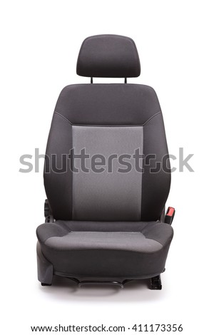 Vertical studio shot of a brand new black car seat isolated on white background Royalty-Free Stock Photo #411173356