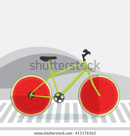 Bicycle with watermelon as wheel on the street