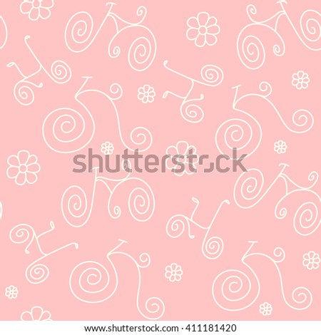 Curly eco bicycles and flowers seamless pattern. Beige outline on pink background.