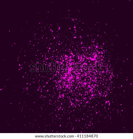 Colorful acrylic pink glitter paint splatter on black background. Neon spray stains placer abstract background, vector illustration.