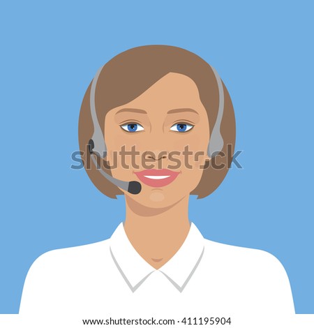 Cheerful support phone or call center operator in headset. Simple flat design. Vector illustration. Avatar portrait of smiling girl. 