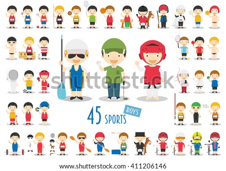 Big Set of 45 cute cartoon sport characters for kids. Funny cartoon boys.