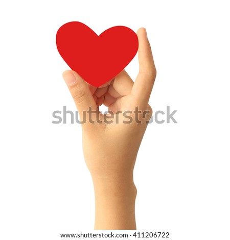 Woman hand holding blank red paper heart isolated on white background