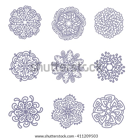 Vector illustration of monochrome round collection of lacy gray mandala on dark background. Hand drawn flat thin line art design for card, cloth, fabric, invitation, book,  wedding, logo, tattoo