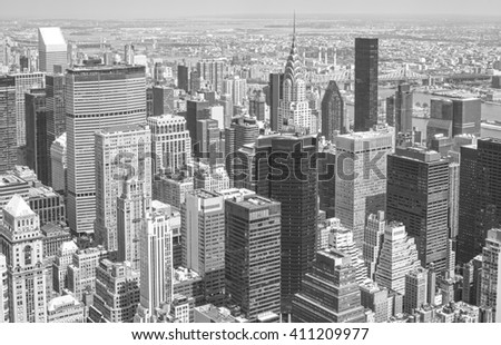Black and white picture of Manhattan skyline, New York City, USA.