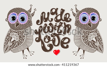 Made With Love hand lettering inscription with two owls, calligraphy quote, handwritten vector illustration