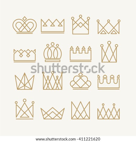 Set of gold crown icons. Collection of crown awards for winners, champions, leadership. Vector isolated elements for logo, label, game, website, hotel, an app design.  King, queen or princess crown. 