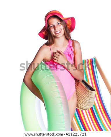 Cute girl in swimsuit and hat with bag. Isolated on white background