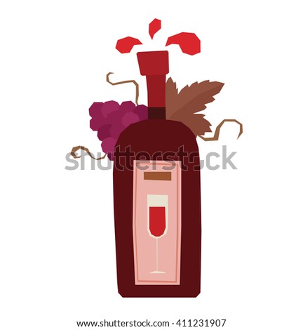 Vector cartoon image of a red wine bottle with purple grapes, brown leaves and label with a glass of red wine on a white background. Bottle of wine. Vector illustration.