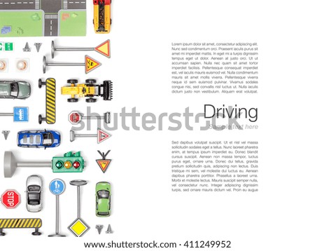 driving school concept. set of road signs and cars on white background with copy space top view
