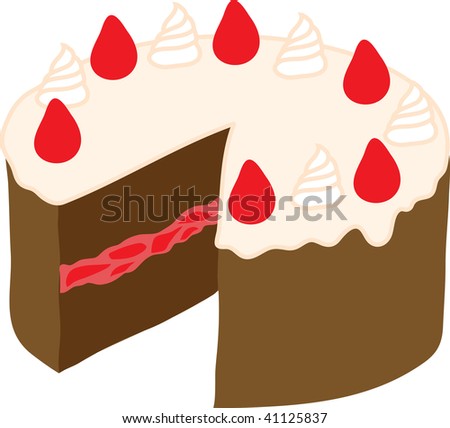 Clip art illustration of a chocolate cake with white frosting and strawberries.