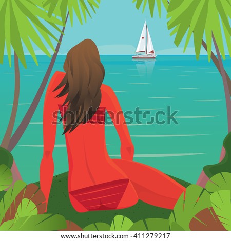 Beautiful young tanned girl in bathing suit sitting on the edge of the shore and admiring the view of the ocean with sailing yacht - Exotic holidays or leisure concept. Vector illustration