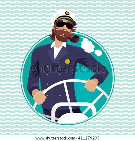 Isolated image in round frame with wave background happy sea captain looks funny with a mustache and a pipe rotates ship steering wheel - Profession or Sailor concept. Vector illustration