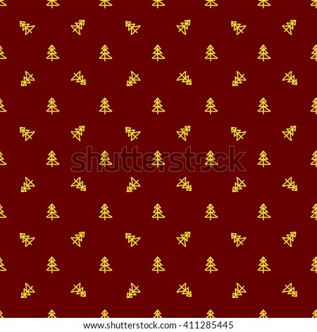 Christmas seamless pattern in Doodle style Golden Christmas tree. Paper products, wrapping, textiles on red colored background