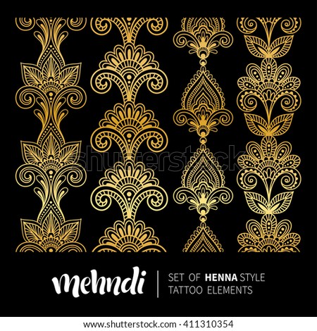 Vector illustration of mehndi pattern, set of seamless borders. Traditional indian style, ornamental floral elements for henna tattoo, golden stickers, flash temporary tattoo, mehndi and yoga design