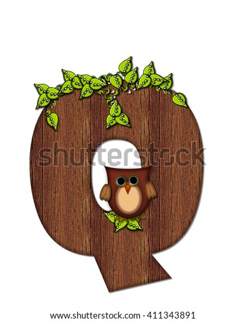 The letter Q, in the alphabet set "Woodsy Owl" is filled with wood texture.  3D vines hang on letter.  Letter is decorated with a brown owl.