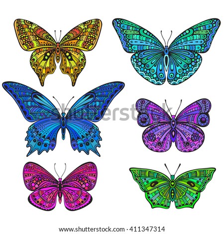 Set of six ornate doodle butterflies isolated on white background. Beautiful colorful vector illustration.