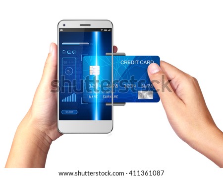 Hand holding Smartphone with processing of mobile payments from credit card