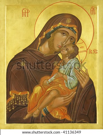 Icon of Madonna Mother of God (Mary) and child (Jesus Christ) on mahogany and gold