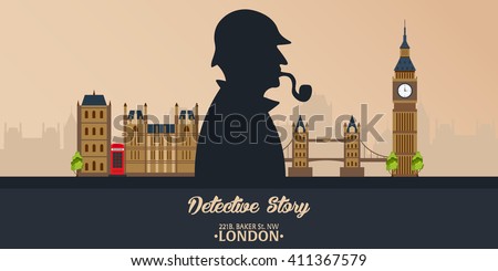 Sherlock Holmes. Detective illustration. Baker street 221B. London. Big Ban Royalty-Free Stock Photo #411367579
