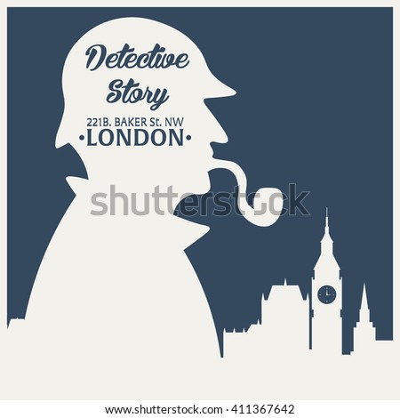 Sherlock Holmes. Detective illustration. Baker street 221B. London. Big Ban Royalty-Free Stock Photo #411367642