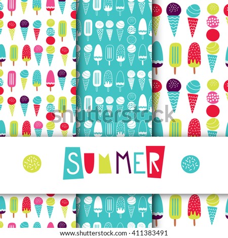 Set of seamless bright vector patterns. Creative Hand Drawn textures with ice cream theme design. Vector illustration. Blue, red, green, purple.