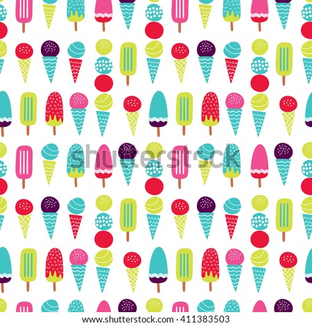Seamless vector pattern: ice cream theme design. Creative Hand Drawn texture. Blue, red, green, purple. Vector illustration.