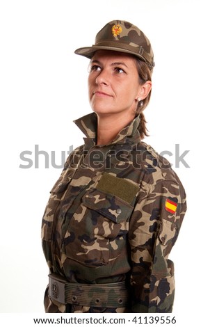 Female soldier saluting against a white background