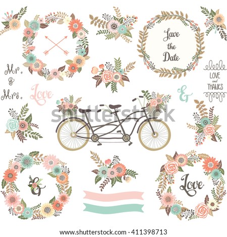 Wedding Floral Invitation.Flora,Wreath,Bicycle,Banner,Save the Date,Arrow. 