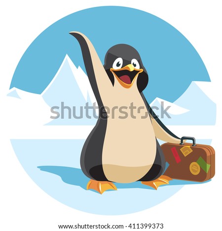 vector cartoon illustration of a cute penguin holding a suitcase