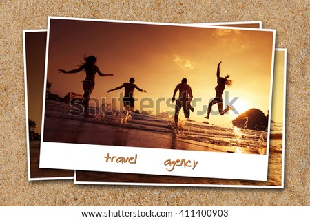 Travel friends beach photo set concept sand backdrop