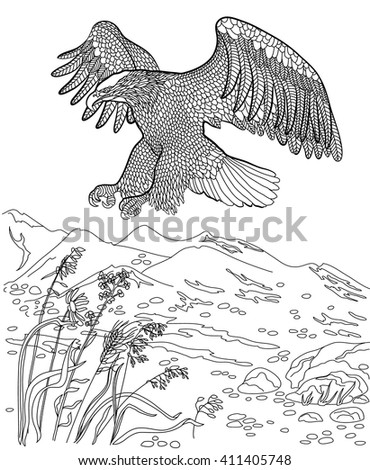 Eagle hunting in-flight. Coloring book for adults.