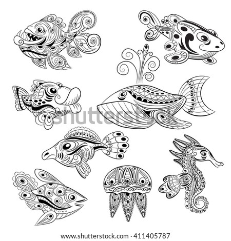 Hand drawn ink zentangle set with many fishes for relax and meditation. Vector pattern black and white illustration can be used for coloring book pages for kids and adults.