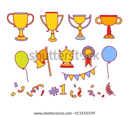 Vector doodle winner sketch. Hand drawn colorful objects of success. Trophy cup, flag, balloons, ribbon, flag, confetti. Great for kids design
