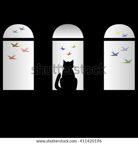 Vector silhouettes: a flock of colorful  birds, cat. vector illustration.  you can use this for poster, wallpaper, background 