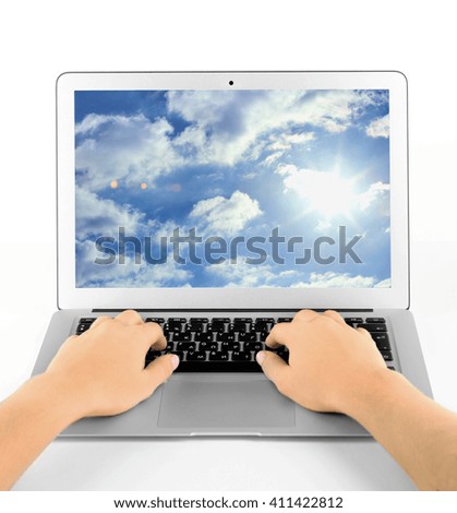 Female hands working on laptop, isolated on white. Cloud storage concept