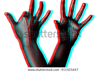 Isolated picture of two hands with fingers spread, painted in shiny black paint on a white background in three-dimensional space