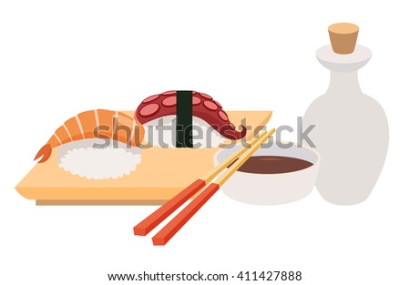 Sashimi and chopstick vector illustrations. Sushi and soy sauce vector. Seafood, fish fillet. Japanese food objects set. Cartoon style asian food. Vector illustration isolated on white background